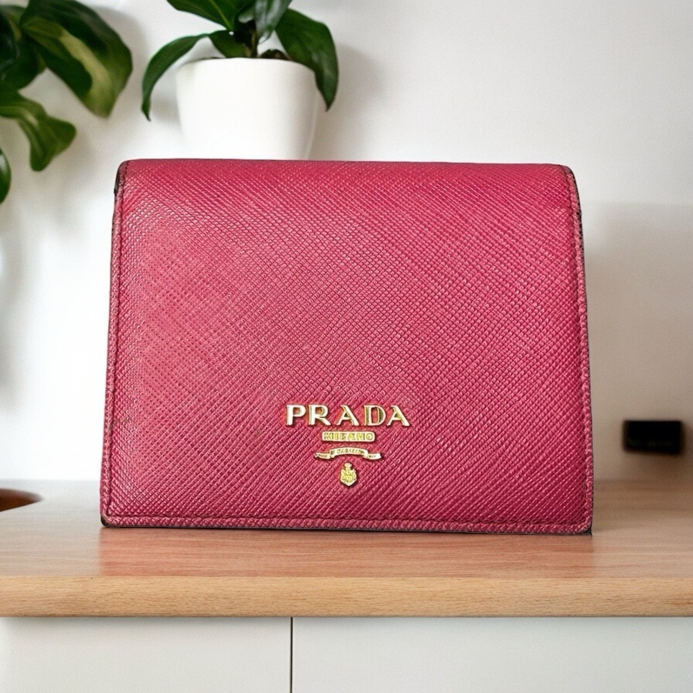 Authentic PRADA Pink & White Saffiano Leather Card Holder Bifold Wallet